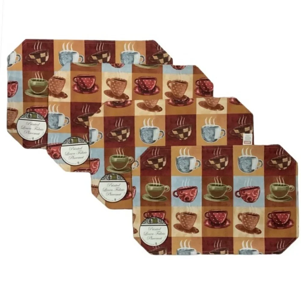 Coffee Cup Theme Placemats Printed Lined Reversible Retro Block Pattern Set of 4